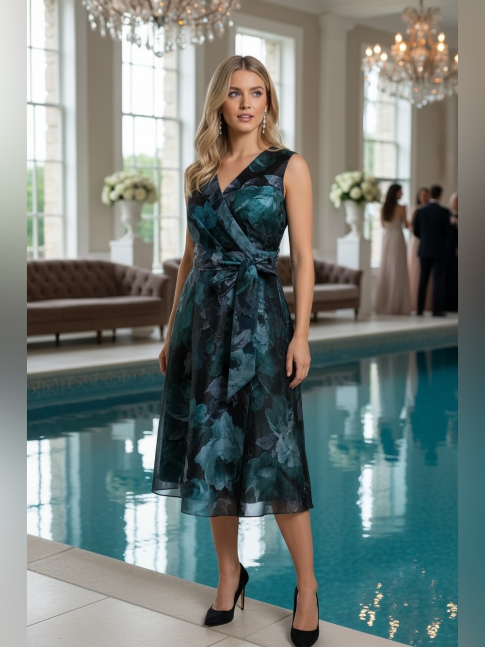 NWT Alex Evenings Sz 10 Printed Midi Yoryu Sleeveless Dress V-Neck Wedding $199